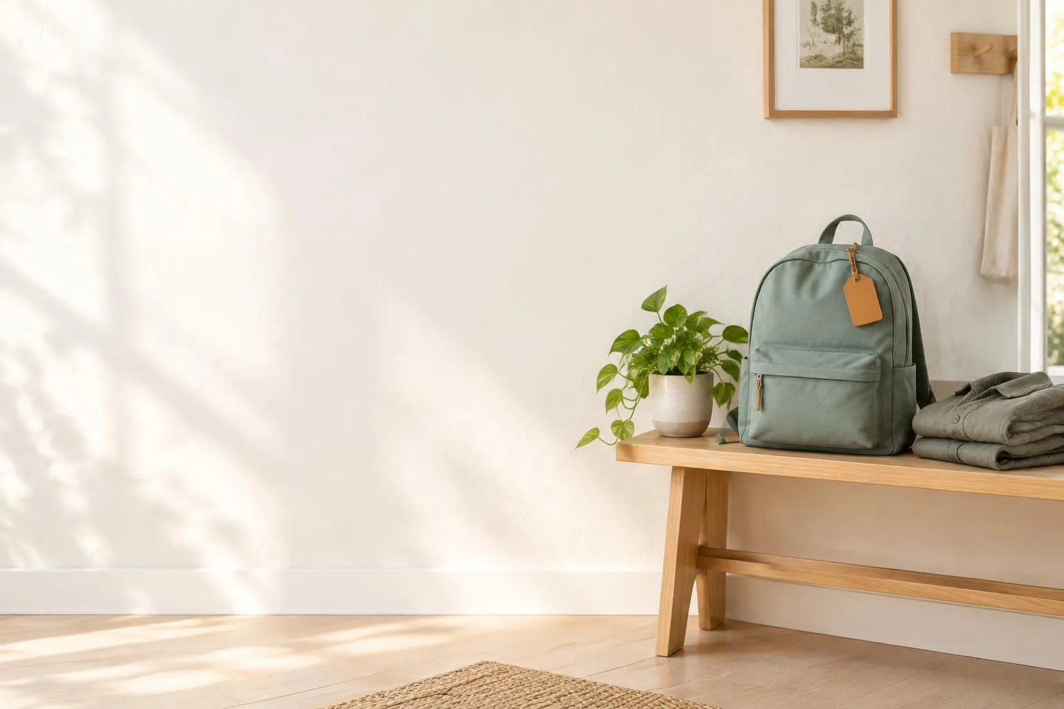 A backpack with a simple tag beside a plant in a welcoming home